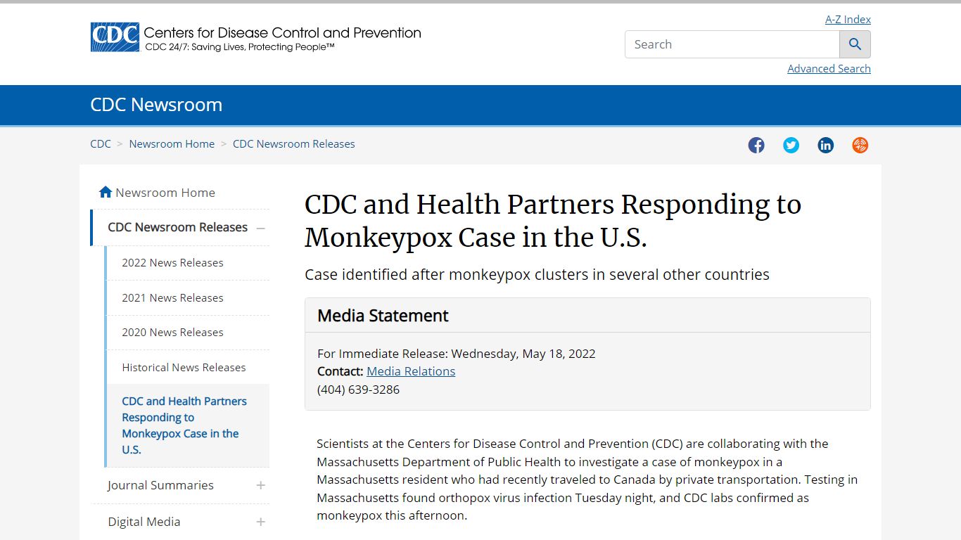 CDC and Health Partners Responding to Monkeypox Case in the U.S.